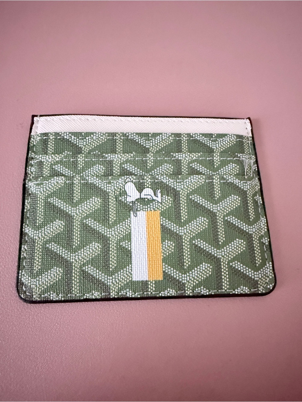 Green Patterned Card Case Holder with Yellow Accent